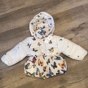 Toddler Girls Butterfly Puffer Jacket with Faux Fur Size 2T NWT